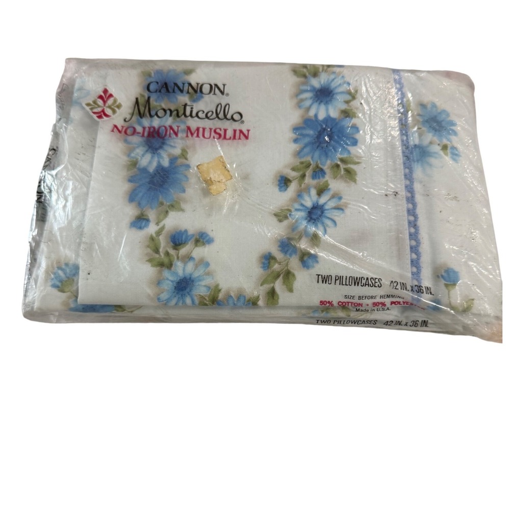 Vintage Cannon Monticello Blue Floral Daisy Pillowcases Set of 2 No-Iron‎ Muslin